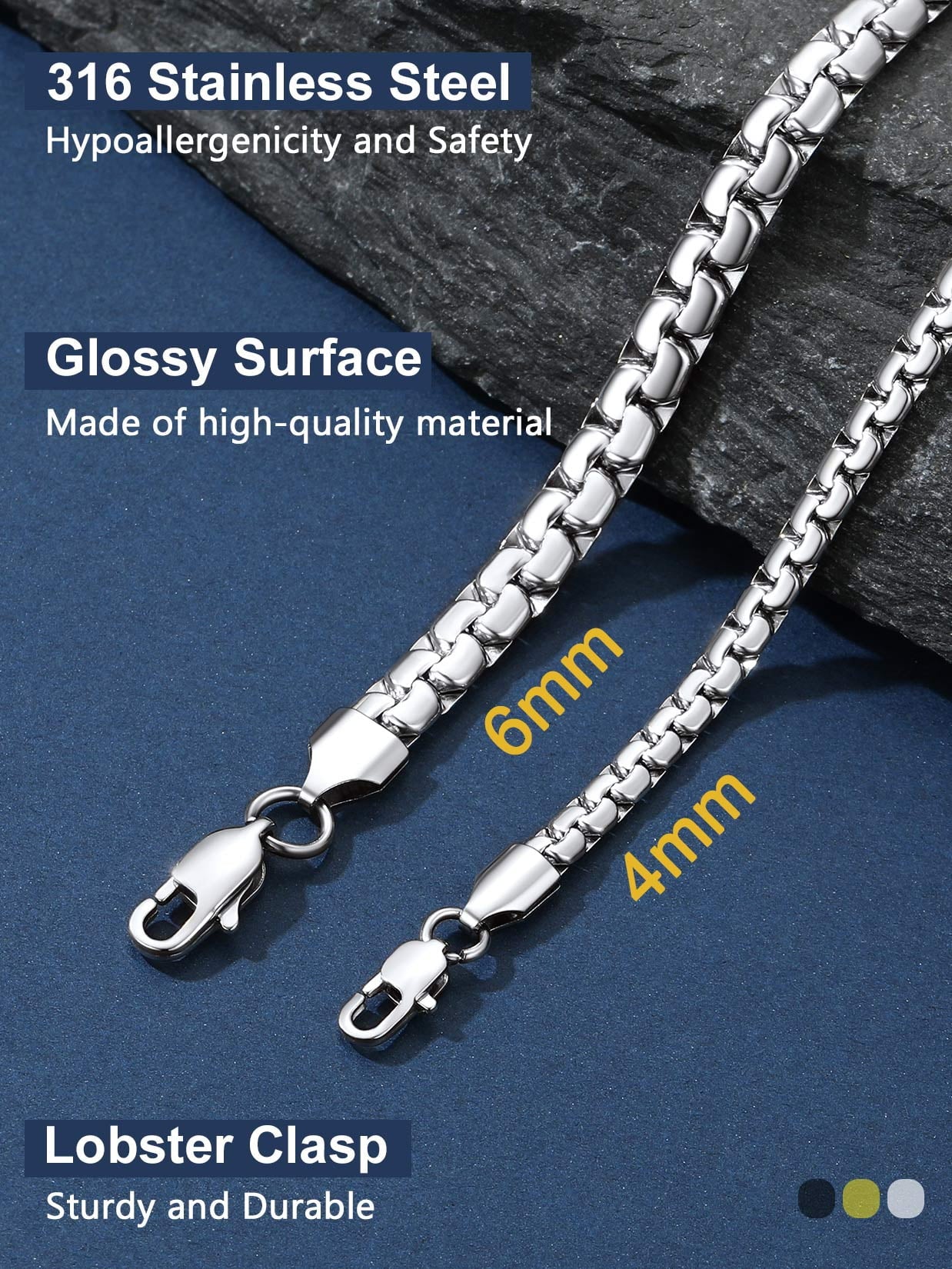 Stainless Steel Flat Box Chain Male Necklace 20Inch 6Mm Hip Hop Jewelry