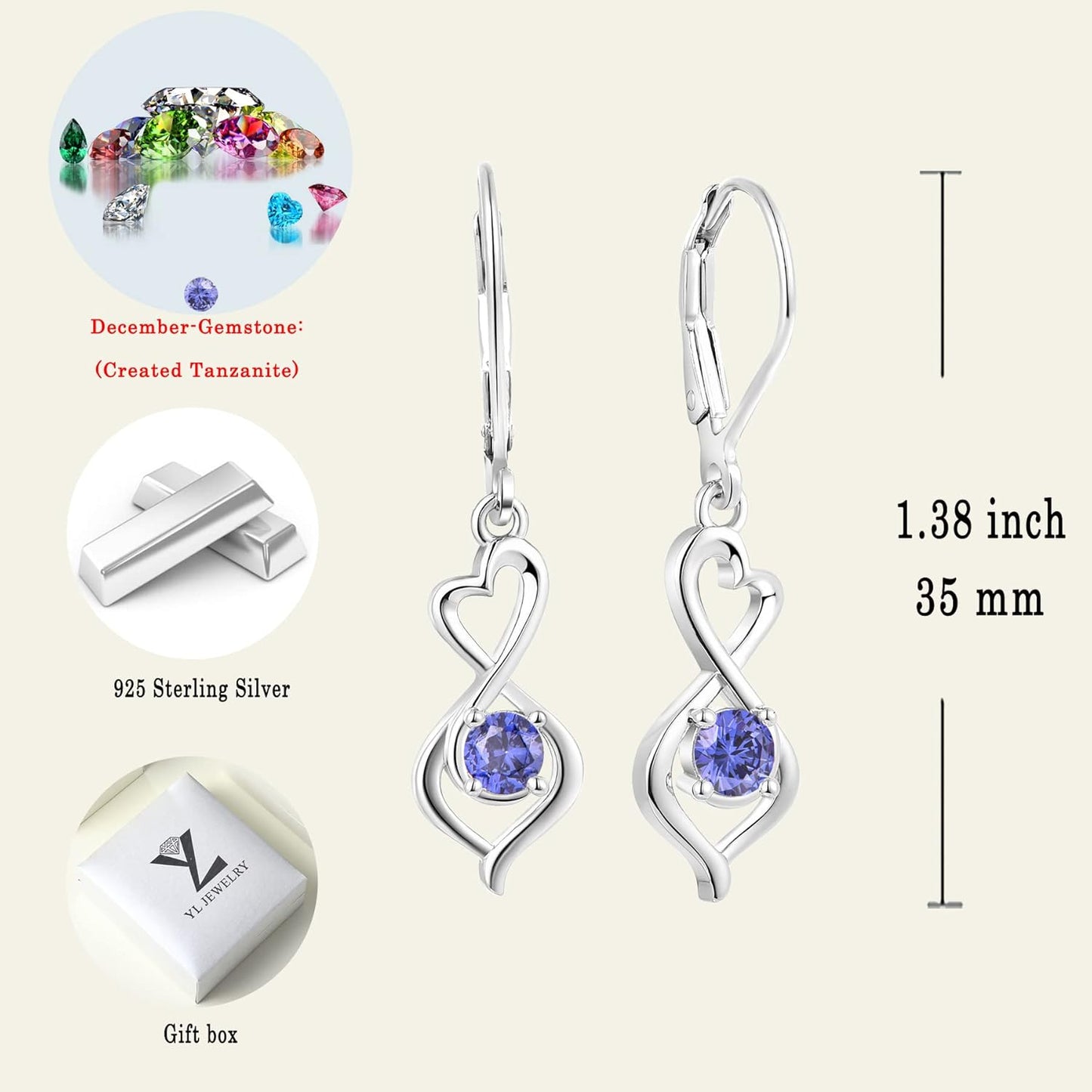 Heart Dangle Drop Earrings 925 Sterling Silver Infinity Leverback Earrings Birthstones Twisted Jewelry for Women
