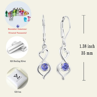 Heart Dangle Drop Earrings 925 Sterling Silver Infinity Leverback Earrings Birthstones Twisted Jewelry for Women