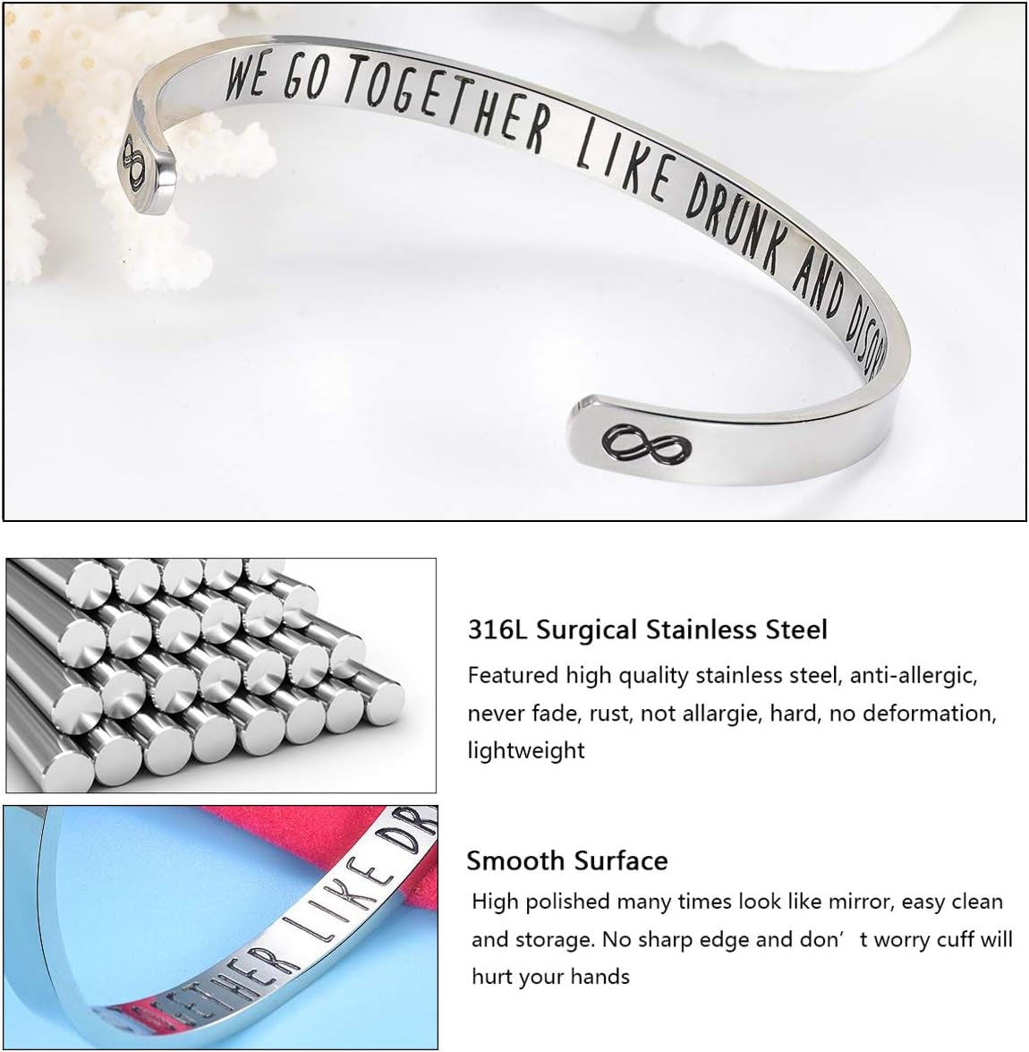 Friendship Bracelets for Women Friend Bracelet for 2 Funny Friends Quote We Go Together like Drunk and Disorderly Cuff Bangle for Birthday Christmas