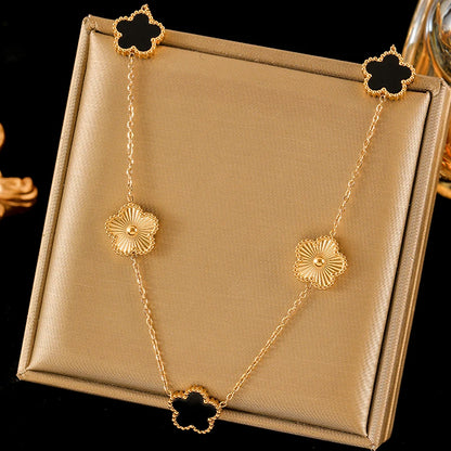 316L Stainless Steel Black Reversible Leaf Clover Necklace Bracelets Earrings Set for Women Fashion Waterproof Jewelry