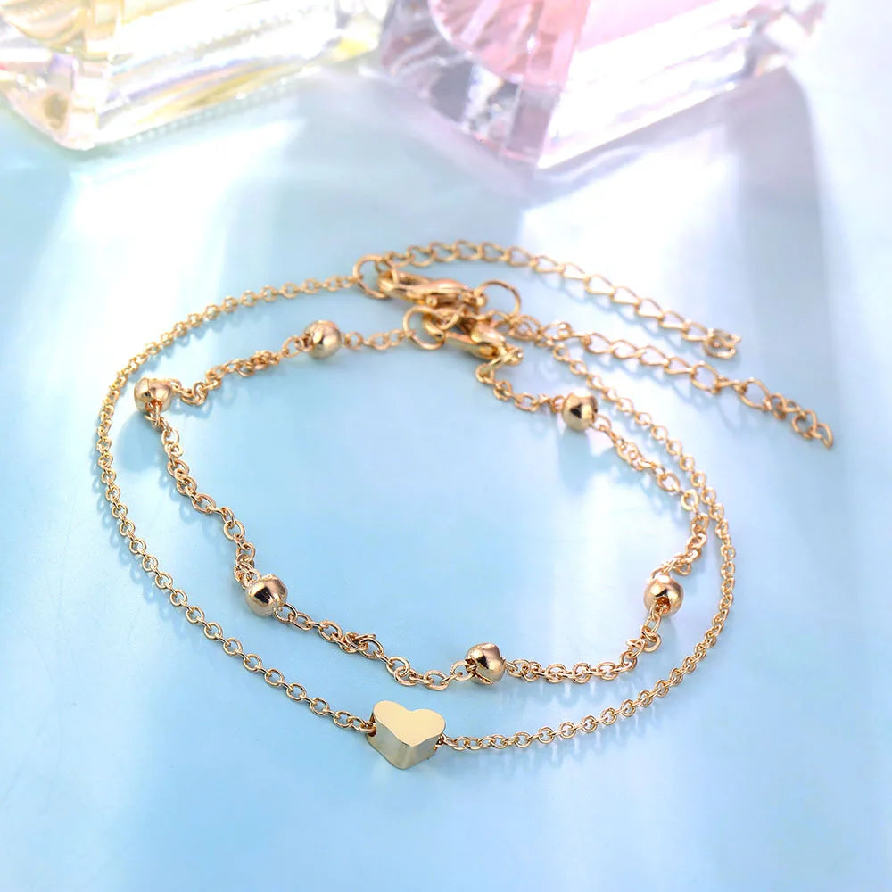 Women'S Anklet Bohemian Layered Heart Anklet Summer Beach Anklets on Foot Ankle Bracelets for Women Leg Chain