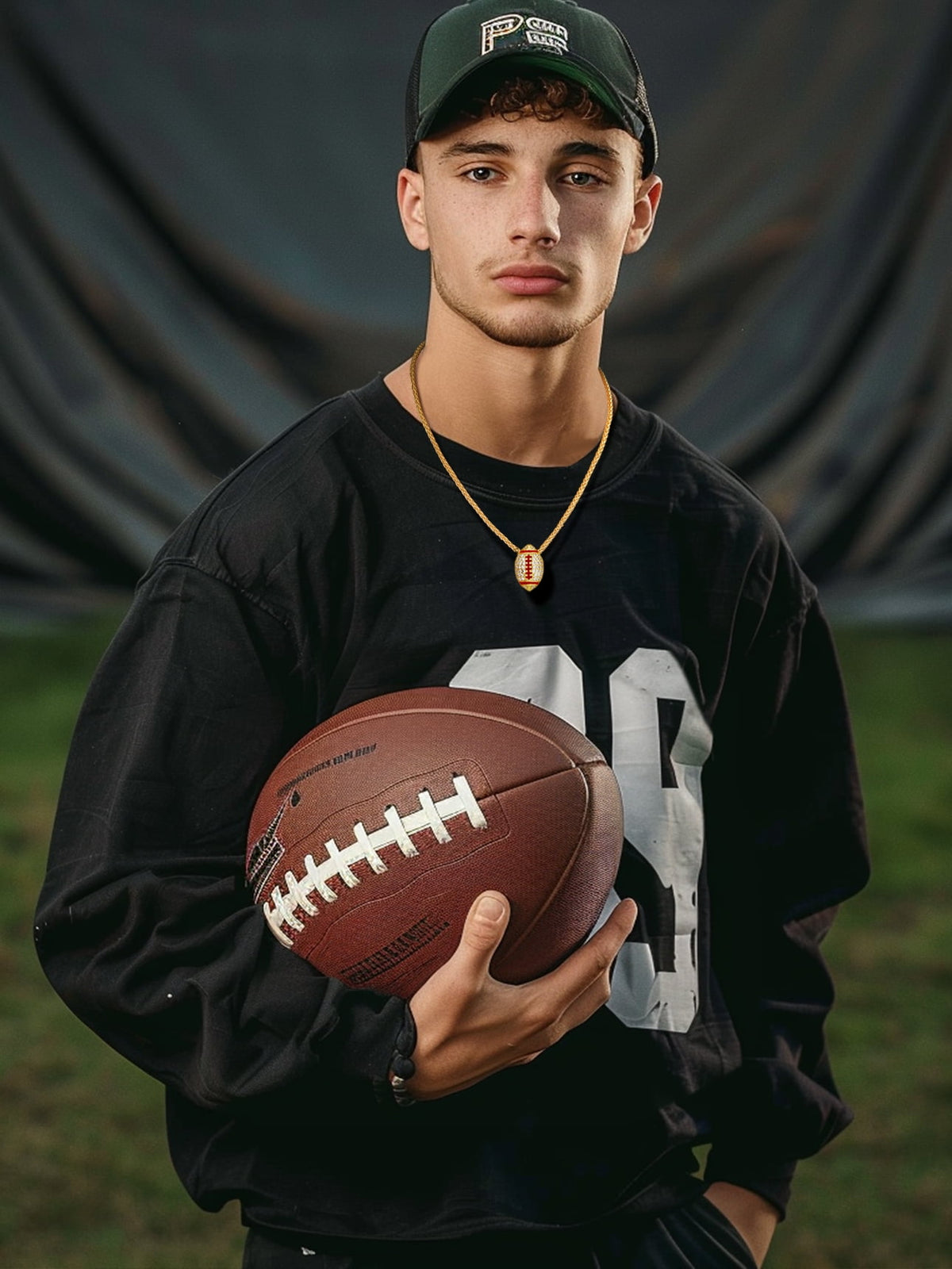 18K Gold-Plated Iced-Out American Football Pendant Necklace