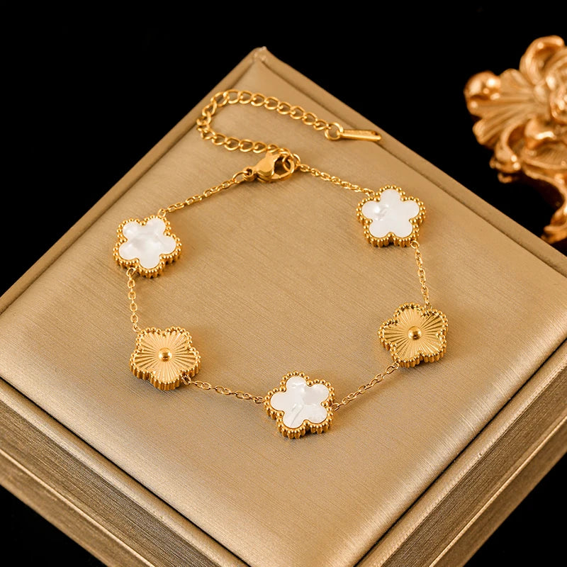 316L Stainless Steel Black Reversible Leaf Clover Necklace Bracelets Earrings Set for Women Fashion Waterproof Jewelry