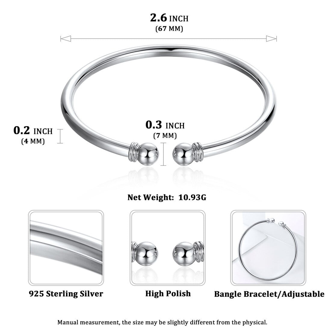 Women'S 925 Solid Sterling Silver Polished round Ball Cuff Bangle Open Bracelet