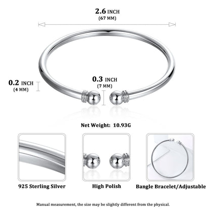 Women'S 925 Solid Sterling Silver Polished round Ball Cuff Bangle Open Bracelet