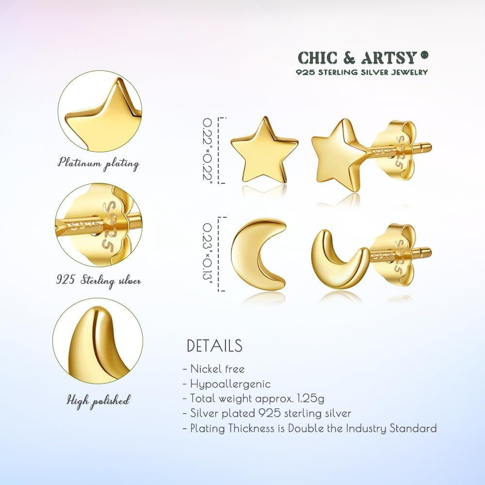 Solid Real 925 Sterling Silver Satr Moon Stud Earrings | Dainty Celestial Stud Earrings | Tiny Cartilage Earrings for Women