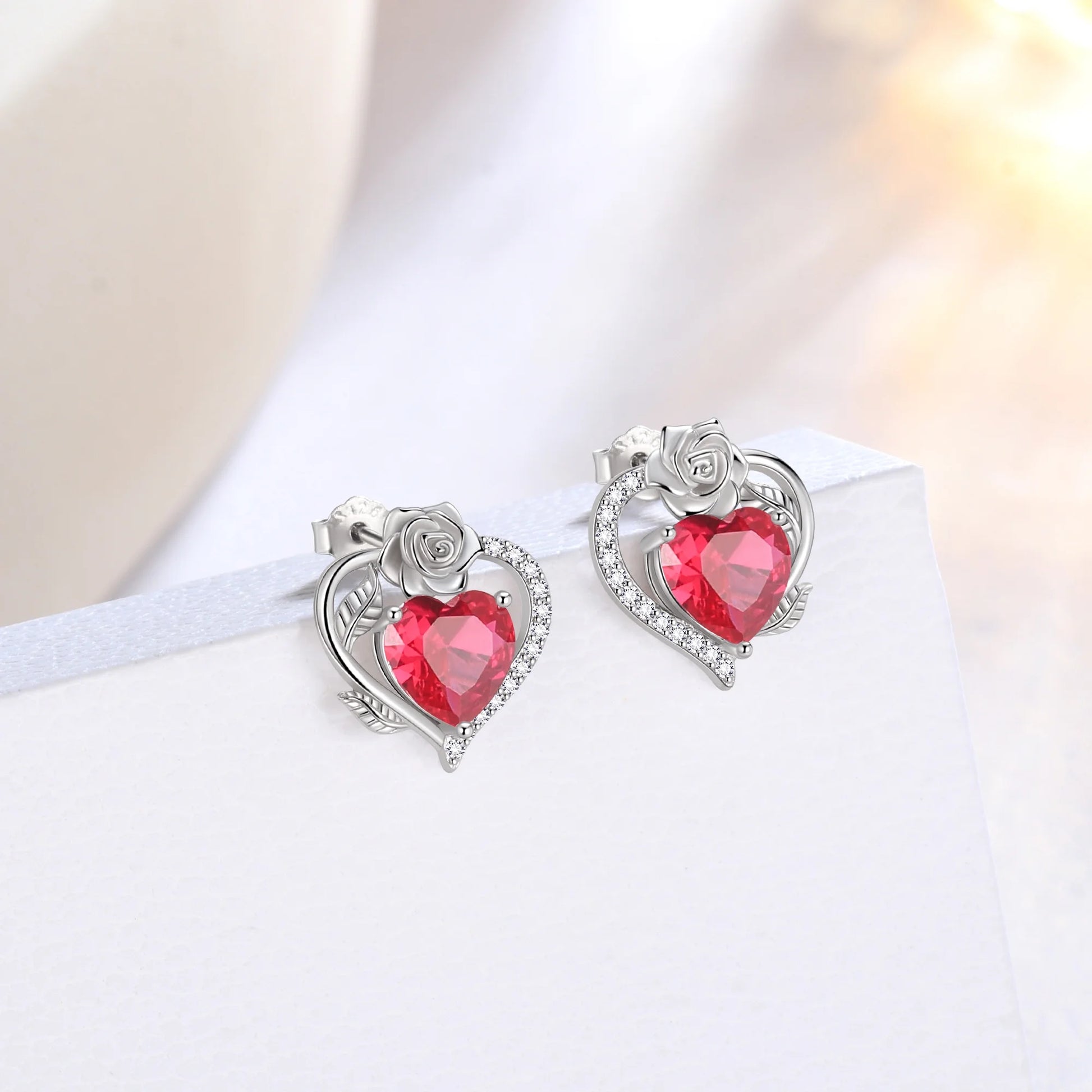 Rose Heart Birthstone Earrings,July Birthstone Rose Flower Heart Earrings Studs 925 Sterling Silver Jewelry Gifts for Women