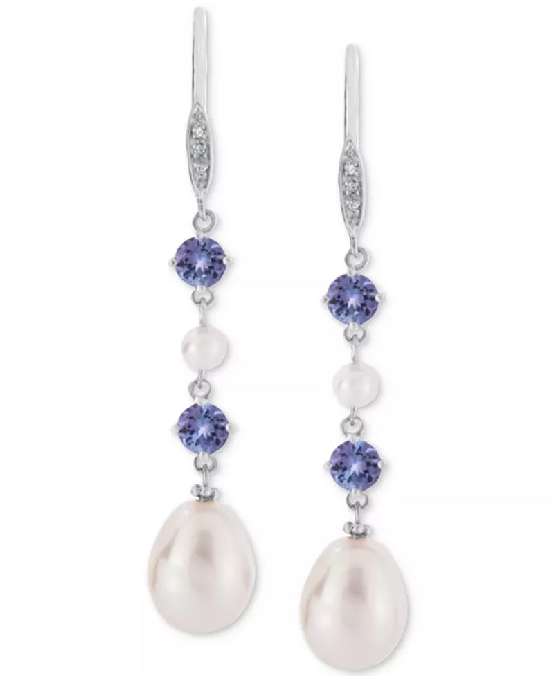 Tanzanite (1 Ct. T.W.), Cultured Freshwater Pearl (3Mm, 10X7Mm) & Diamond Accent Linear Drop Earrings in Sterling Silver