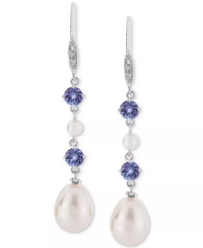 Tanzanite (1 Ct. T.W.), Cultured Freshwater Pearl (3Mm, 10X7Mm) & Diamond Accent Linear Drop Earrings in Sterling Silver