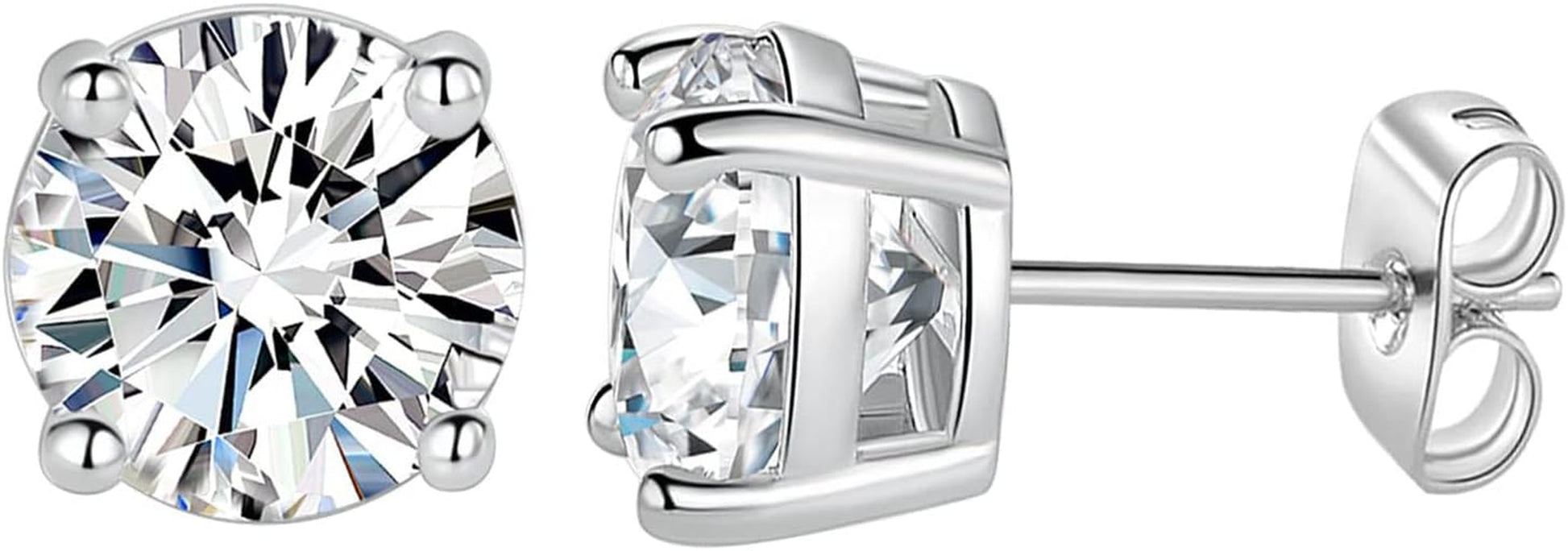 18K White/Yellow Gold Plated Stud Earrings for Women Men 4 Prong Graduated round Clear Cubic Zirconia Hypoallergenic Earrings Set 3-8Mm