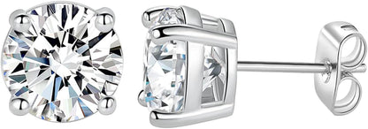 18K White/Yellow Gold Plated Stud Earrings for Women Men 4 Prong Graduated round Clear Cubic Zirconia Hypoallergenic Earrings Set 3-8Mm