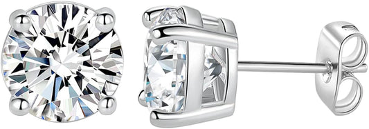 18K White/Yellow Gold Plated Stud Earrings for Women Men 4 Prong Graduated round Clear Cubic Zirconia Hypoallergenic Earrings Set 3-8Mm