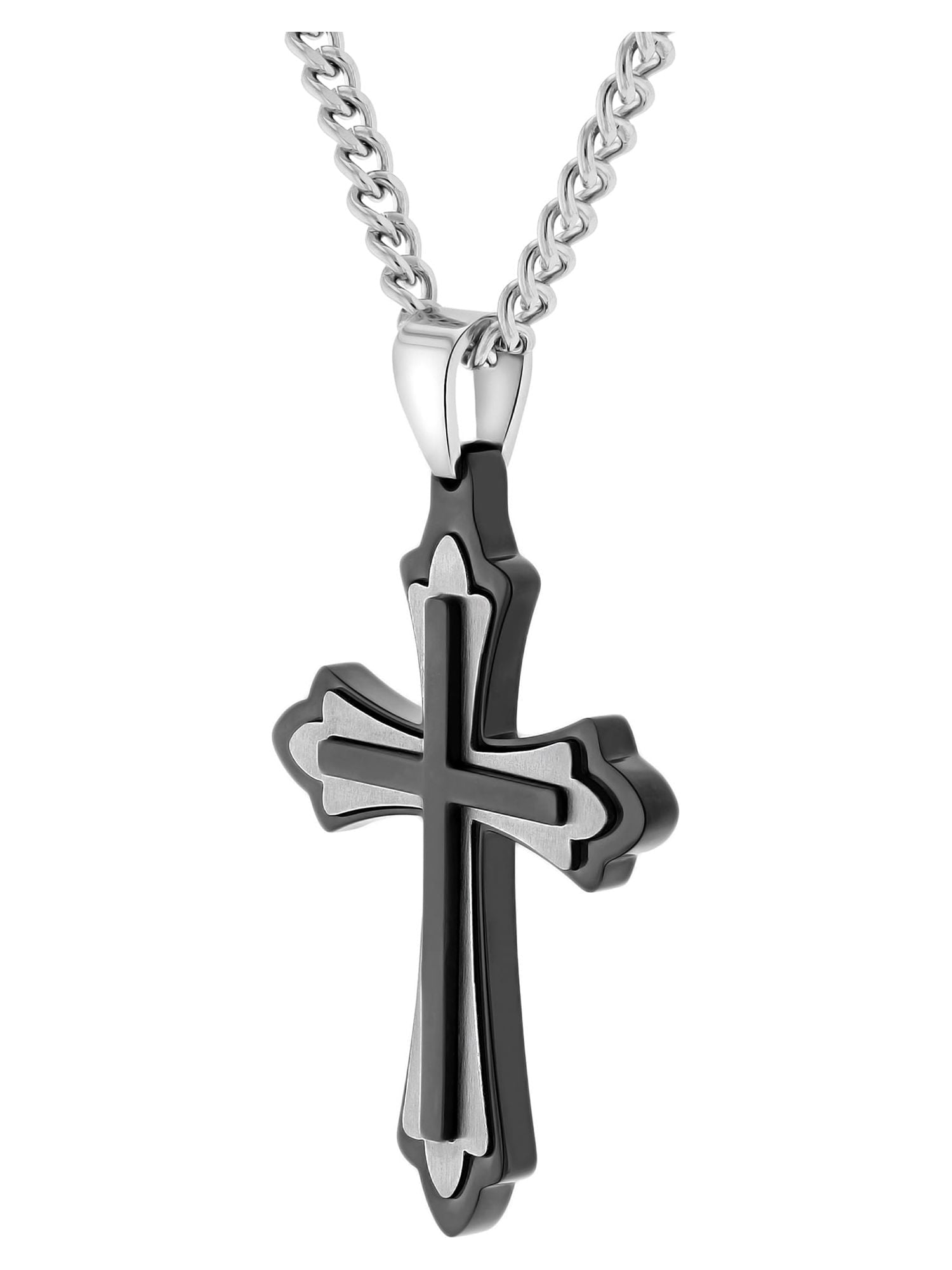 Men’S Stainless Steel Fleur De Lis Two Tone Cross Pendant Necklace Chain