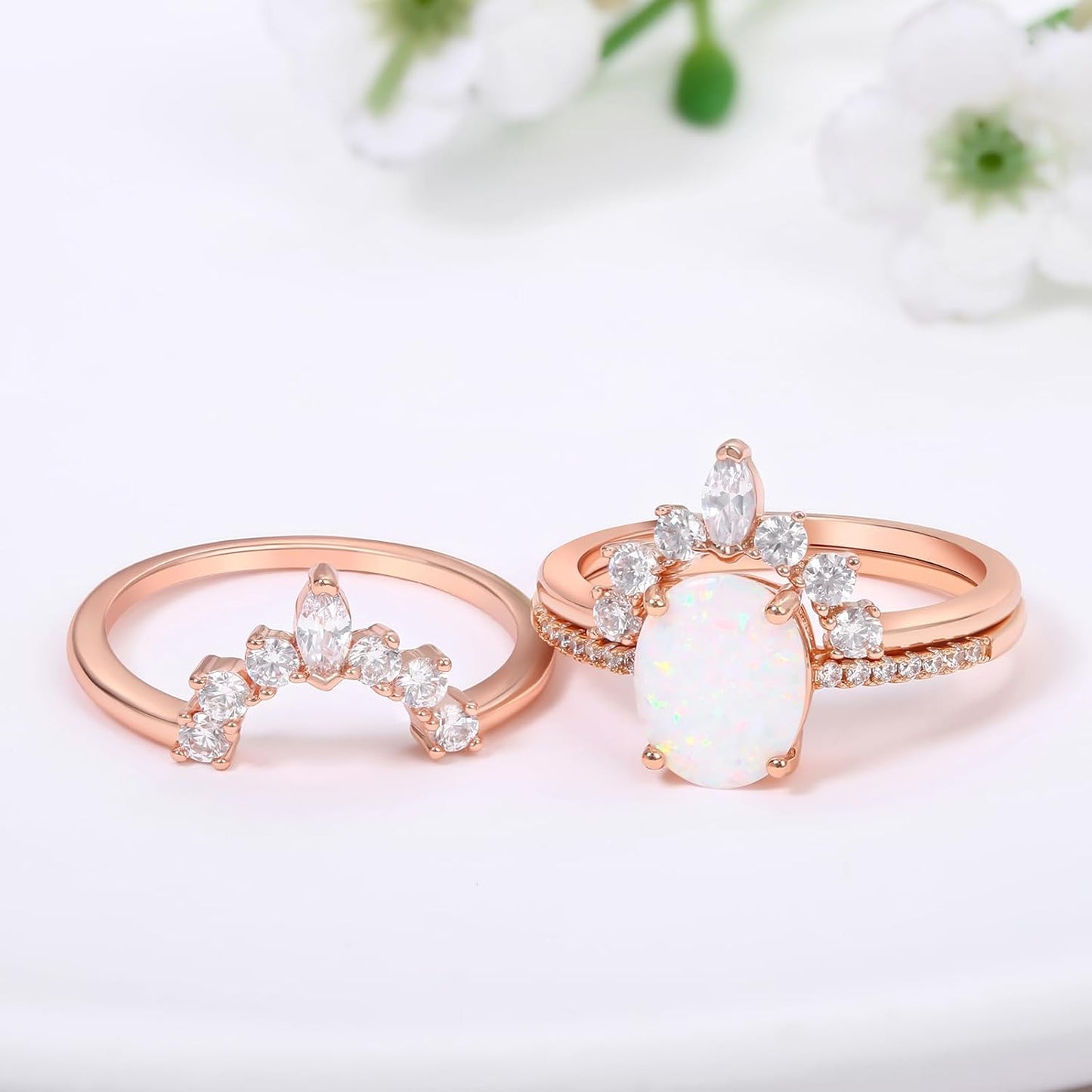 Oval White Opal Stackable Rings 3A Cubic Zirconia Pink Engagement Rings for Women Rose Gold Wedding Rings Set Womens Jewelry