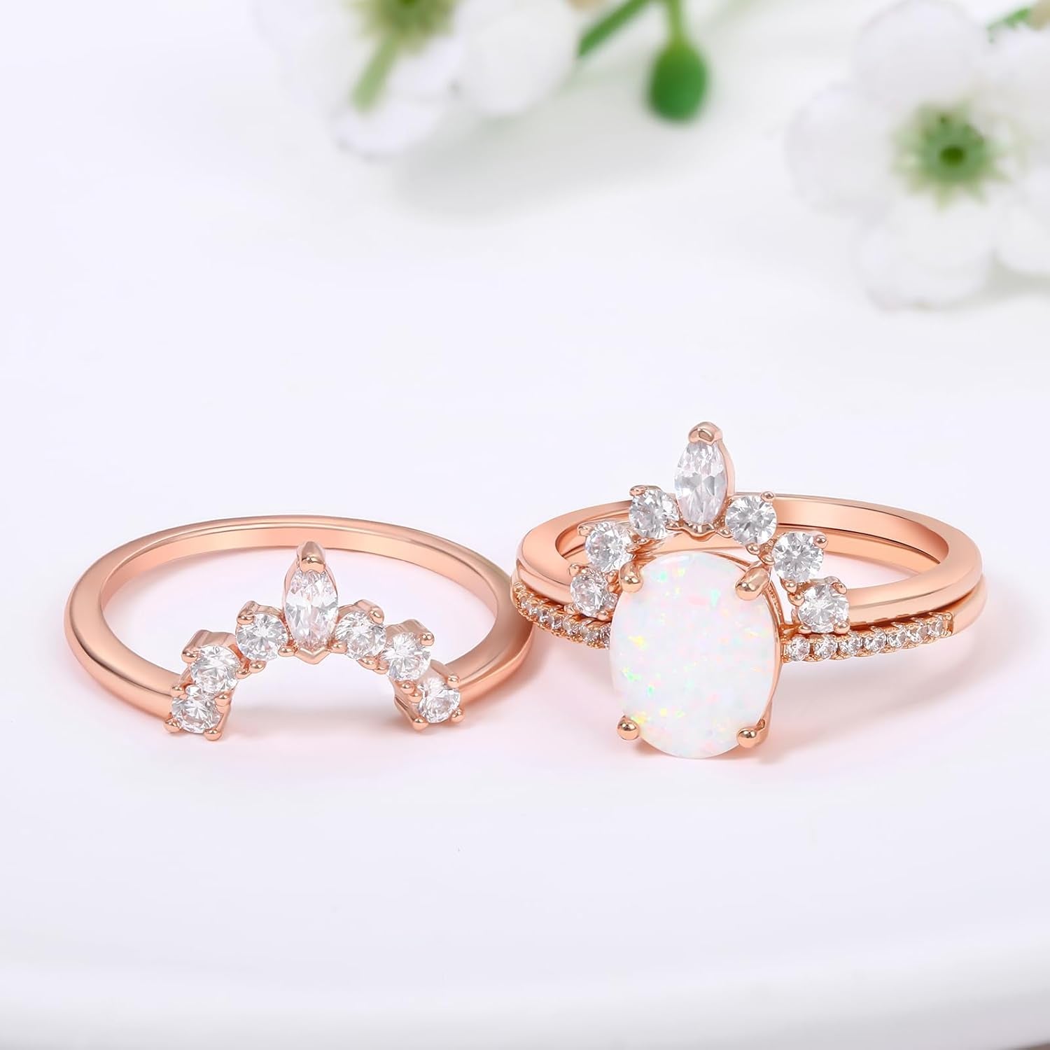 Oval White Opal Stackable Rings 3A Cubic Zirconia Pink Engagement Rings for Women Rose Gold Wedding Rings Set Womens Jewelry