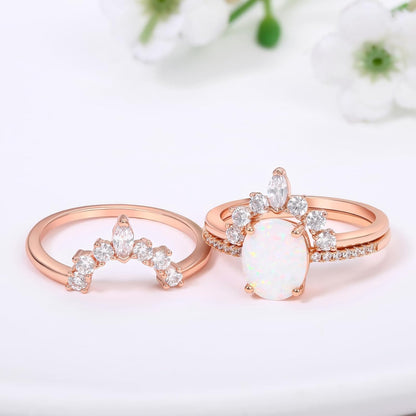 Oval White Opal Stackable Rings 3A Cubic Zirconia Pink Engagement Rings for Women Rose Gold Wedding Rings Set Womens Jewelry