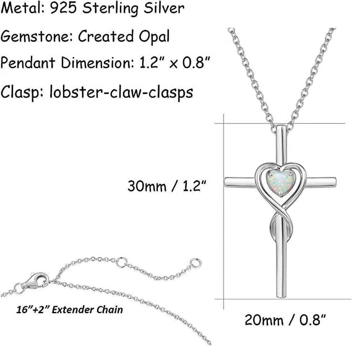 Cross Necklace for Women Sterling Silver Birthstone Created Opal Necklace Infinity Heart Cross Crucifix Pendant October Birthstone Jewelry Valentines Day Gifts Birthday Gifts for Women