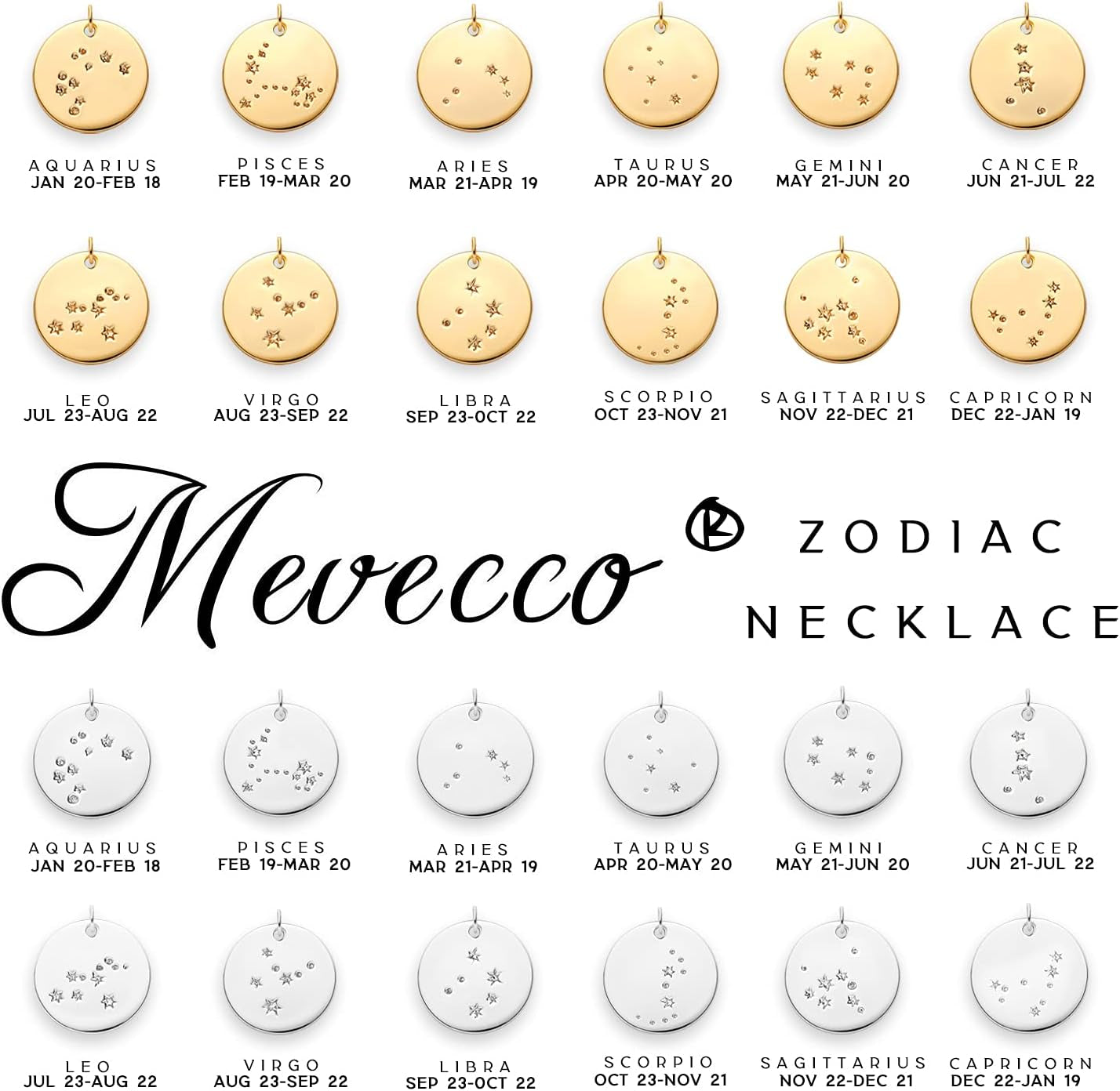 Gold Necklace Coin Disc Zodiac 12 Constellation Star Connected Engraved Horoscope Sign Astrology Pendant 18K Gold Plated Chain Dainty Personalized Simple Jewelry