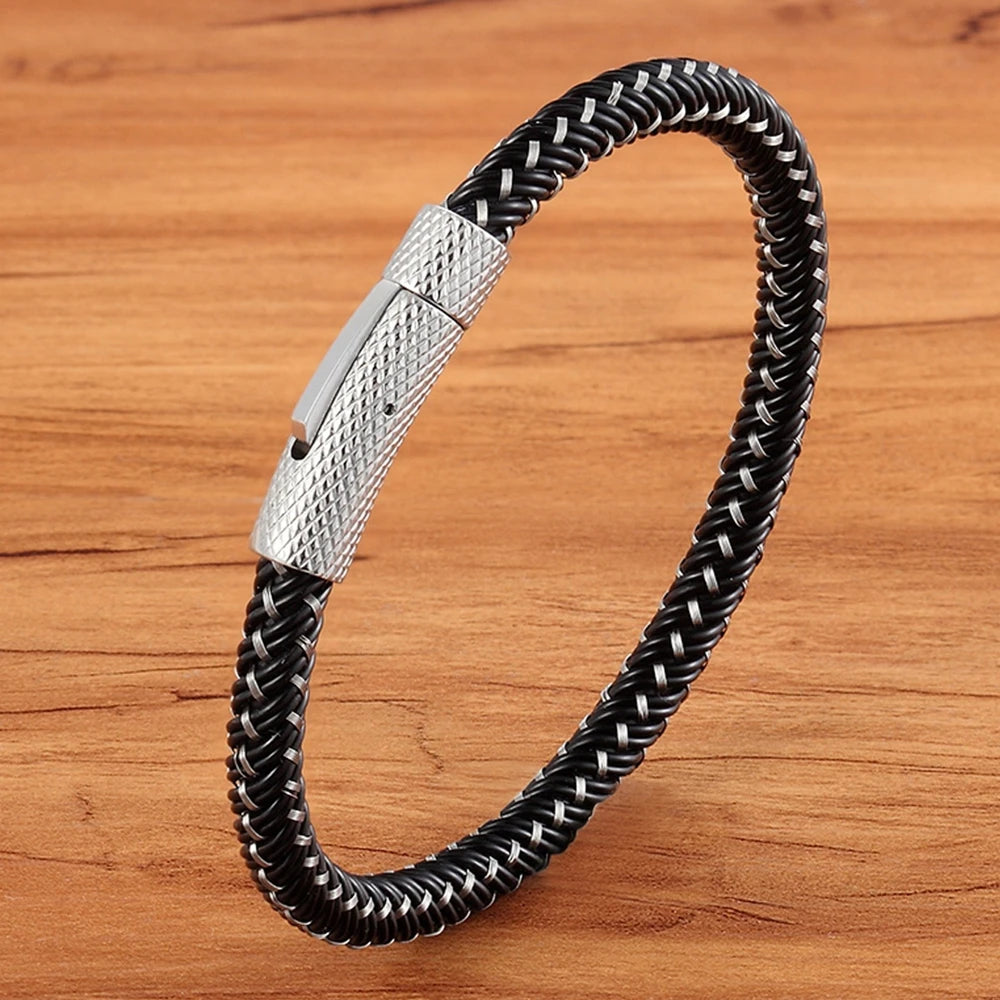 Braided Rope Wrap Leather Bracelets for Men Bangles Fashion Male Women Charm Stainless Steel Clasp Jewelry DIY Customization