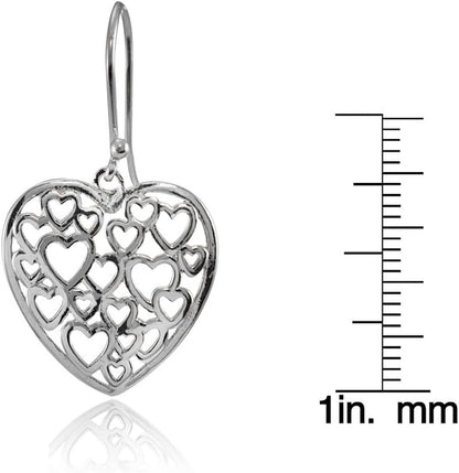 925 Sterling Silver Open Heart Filigree 34Mm Dangle Hook Earrings for Women, Silver, Yellow Gold & Rose Gold