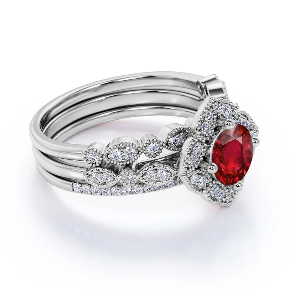 2.25 Carat round Cut Sunset Pigeon Blood Lab Created Ruby Trio Set in 18K White Gold over Silver