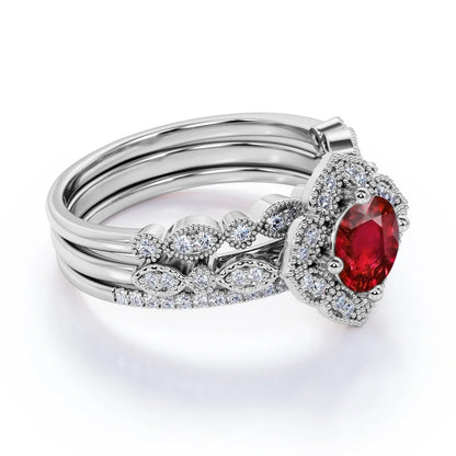 2.25 Carat round Cut Sunset Pigeon Blood Lab Created Ruby Trio Set in 18K White Gold over Silver