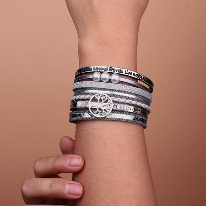 Tree of Life Leather Wrap Bracelet Inspirational Cuff Bangles Boho Pearl Bracelets with Magnetic Clasp Unique Jewelry Gifts for Women