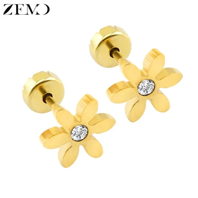 Flower Baby Earrings 316L Stainless Steel Small Stud Earrings Heart Kid Studs Ear Earrings Female Piercing Jewelry Women