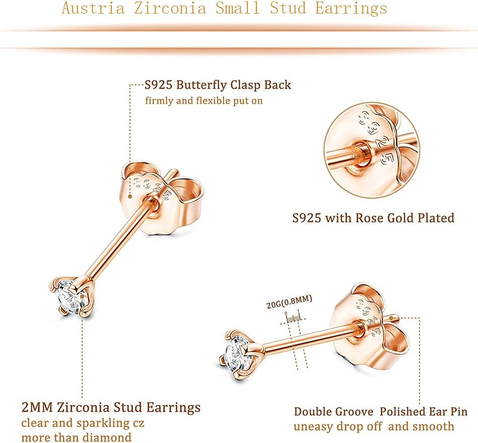 2Mm Sterling Silver Austria Zirconia Stud Earrings for Women Men, Platinum/Gold/Rose Gold Plated Tiny CZ Studs