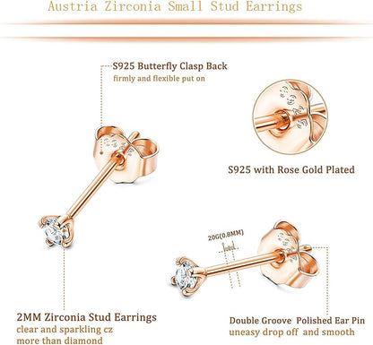 2Mm Sterling Silver Austria Zirconia Stud Earrings for Women Men, Platinum/Gold/Rose Gold Plated Tiny CZ Studs