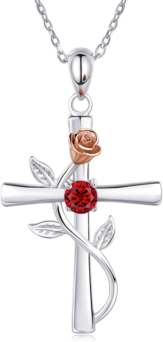 Cross Necklace for Women 925 Sterling Silver Birthstone Necklace for Womens Cross Pendant 5A Cubic Zirconia 12 Birth Months Birthday Gifts for Women Wife Her
