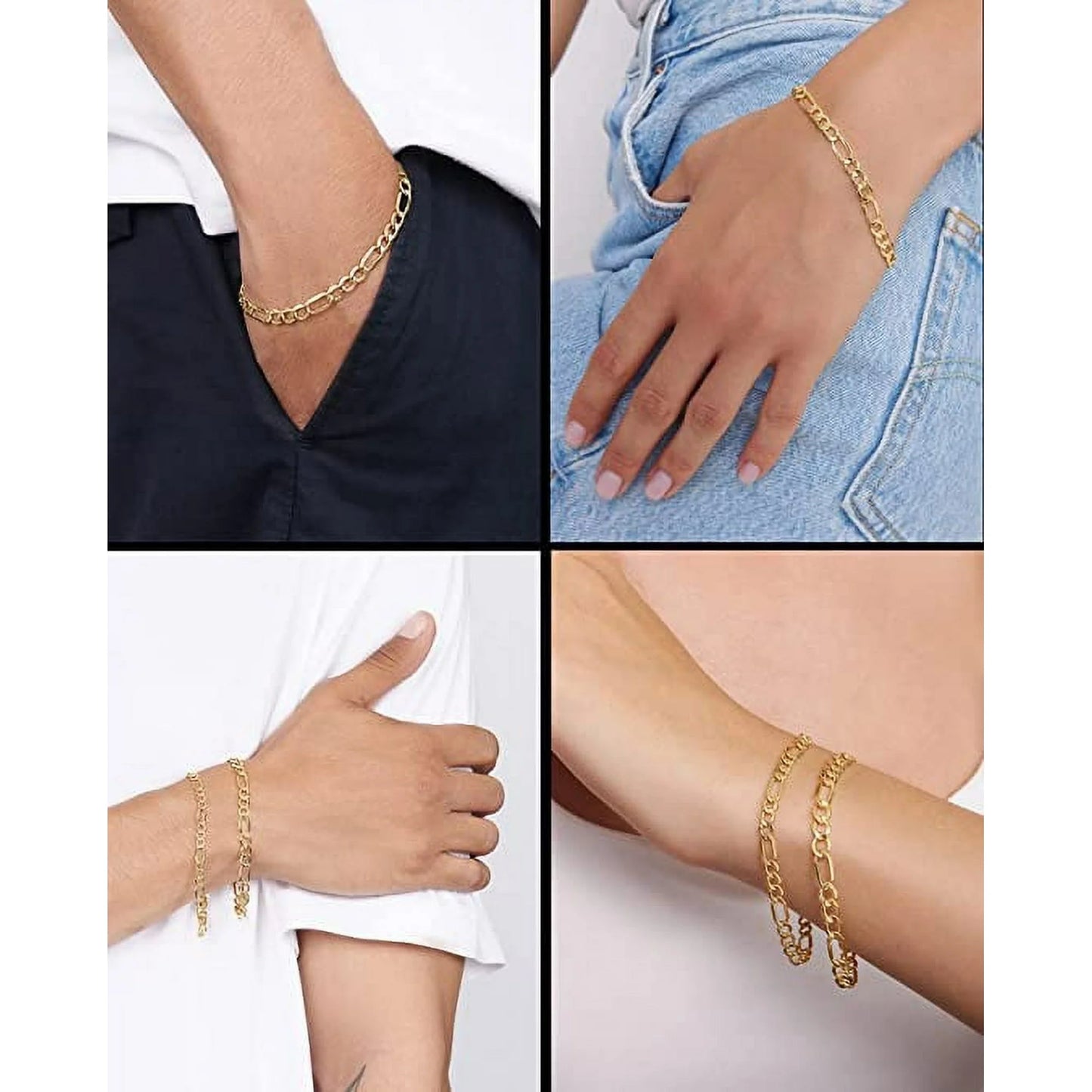 Gold Filled Chain Bracelet Collection - 14K Solid Yellow Gold Filled Figaro Chain Bracelets for Women and Men with Different Sizes (4.7Mm)