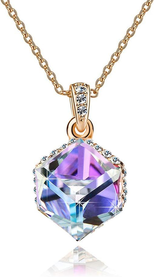 Color Changing Cubic Austrian Crystal Pendant Necklaces for Women 14K Gold Plated Hypoallergenic Jewelry