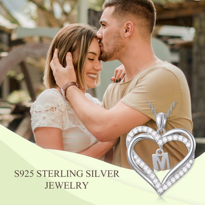 Birthday Gifts for Women Initial Necklace for Women S925 Sterling Silver Heart Initial M Alphabet Pendant Necklace Double Heart Necklace Jewelry Anniversary Gifts for Women