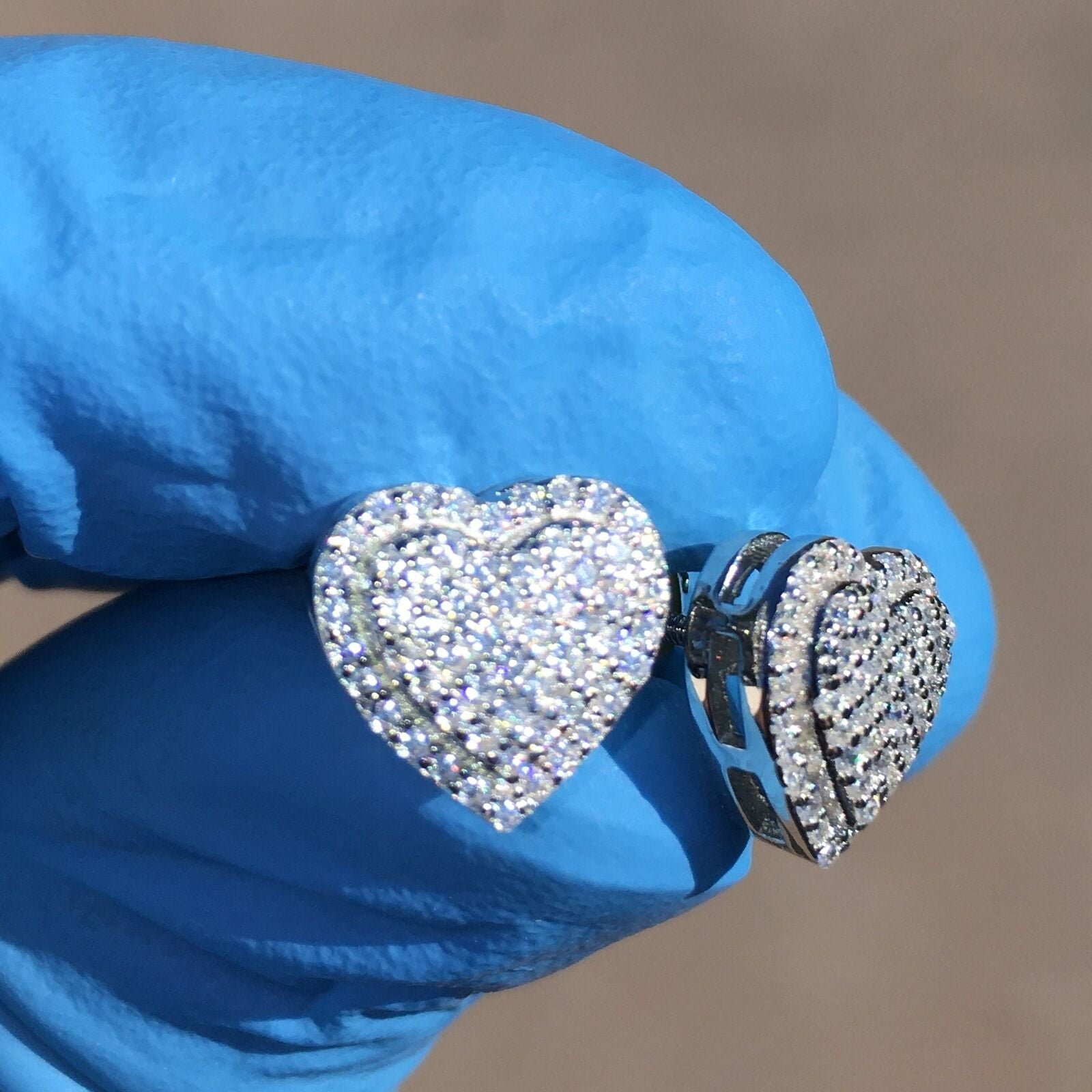 Real Solid Sterling Silver Hearts Iced Women'S Earrings Heart Shaped CZ Screw Back 925 Stamp Micro Pave