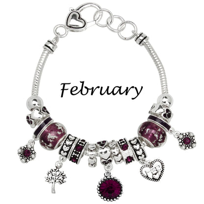 Birthstone Bracelet Multi-Color Charm Beads Silvertone