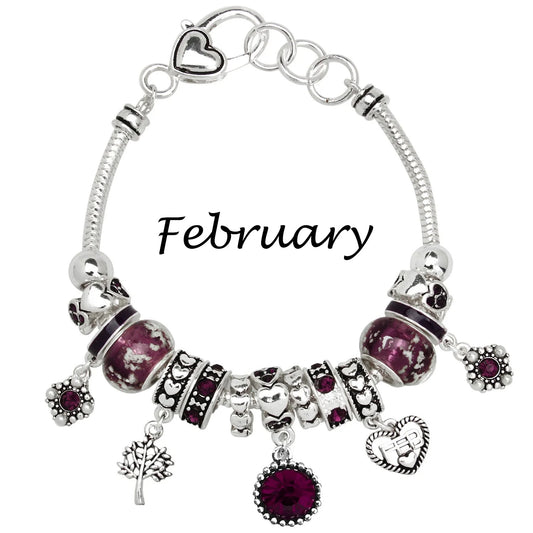Birthstone Bracelet Multi-Color Charm Beads Silvertone