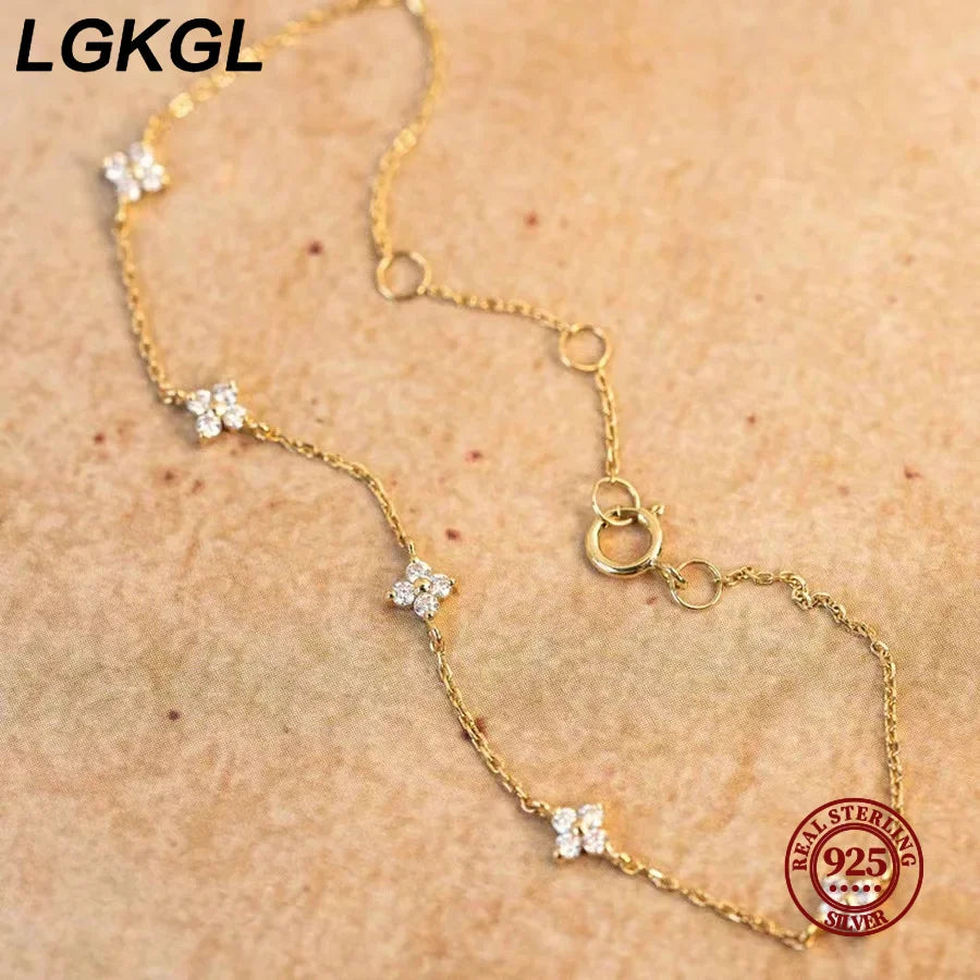 925 Sterling Silver Four-Leaf Clover Zircon Starry 18K Gold Bracelets Women'S Commuting Adjustable Chains Bracelet Jewelry