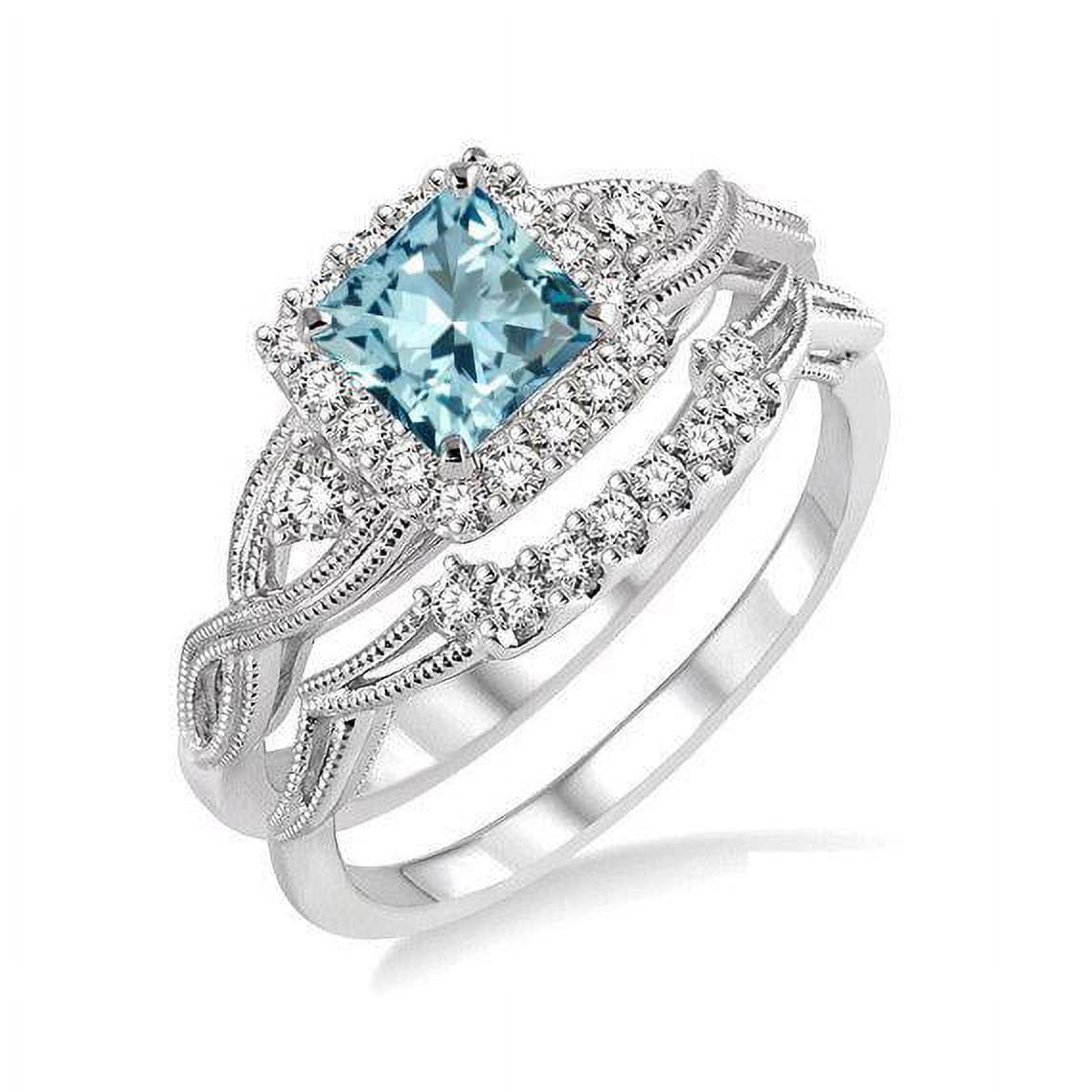 Filigree 1.75 Carat Princess Cut Created Aquamarine and Moissanite Wedding Ring Set in 18K White Gold over Silver