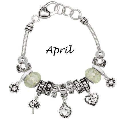Birthstone Bracelet Multi-Color Charm Beads Silvertone