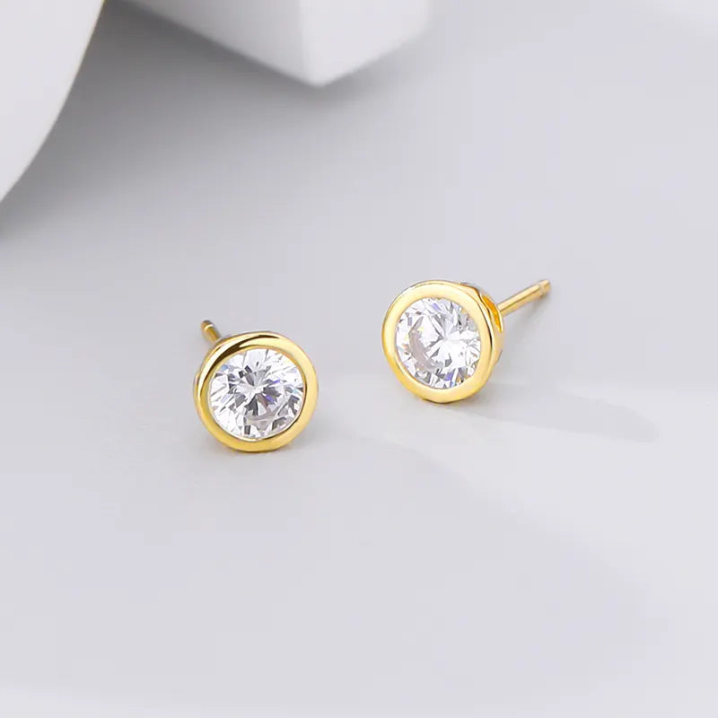 Round Zircon Stud Earrings - Gold Plated