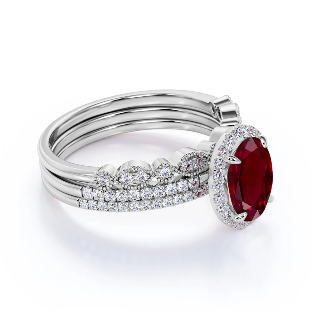 2 Carat Oval Antique Pigeon Blood Lab Created Ruby Trio Ring Set in 18K White Gold over Silver