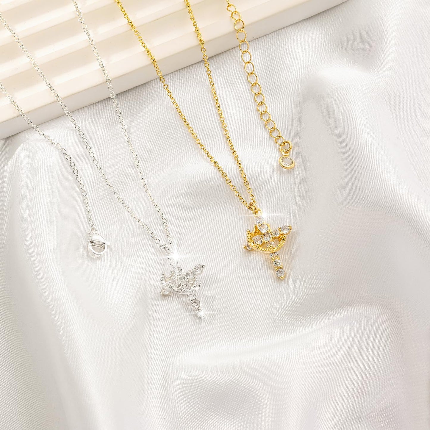 Crown Cross Necklace - Dainty Sterling Silver/14K Gold Cubic Zirconia Pendant