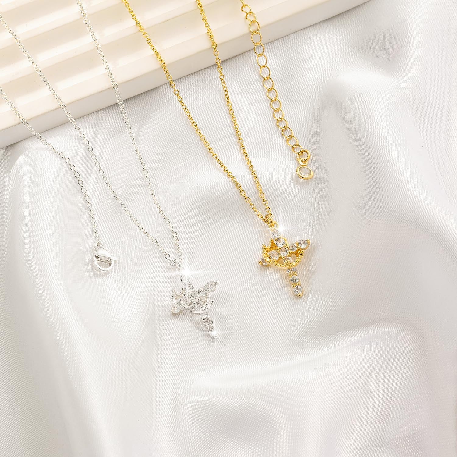 Crown Cross Necklace - Dainty Sterling Silver/14K Gold Cubic Zirconia Pendant