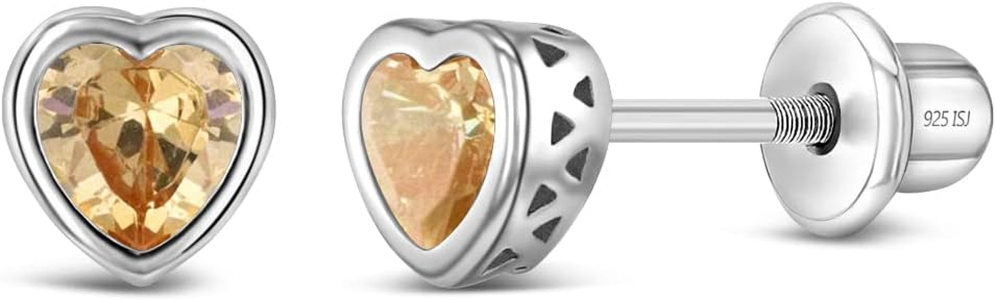 925 Sterling Silver 5Mm Girls CZ Heart Earrings Simulated Birthstone Bezel with Screw Back Stud Baby Earrings - Safety Screw Back for Toddlers - Quality Heart Cubic Zirconia Earrings for Kids
