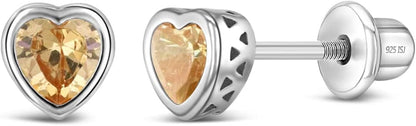 925 Sterling Silver 5Mm Girls CZ Heart Earrings Simulated Birthstone Bezel with Screw Back Stud Baby Earrings - Safety Screw Back for Toddlers - Quality Heart Cubic Zirconia Earrings for Kids