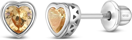 925 Sterling Silver 5Mm Girls CZ Heart Earrings Simulated Birthstone Bezel with Screw Back Stud Baby Earrings - Safety Screw Back for Toddlers - Quality Heart Cubic Zirconia Earrings for Kids