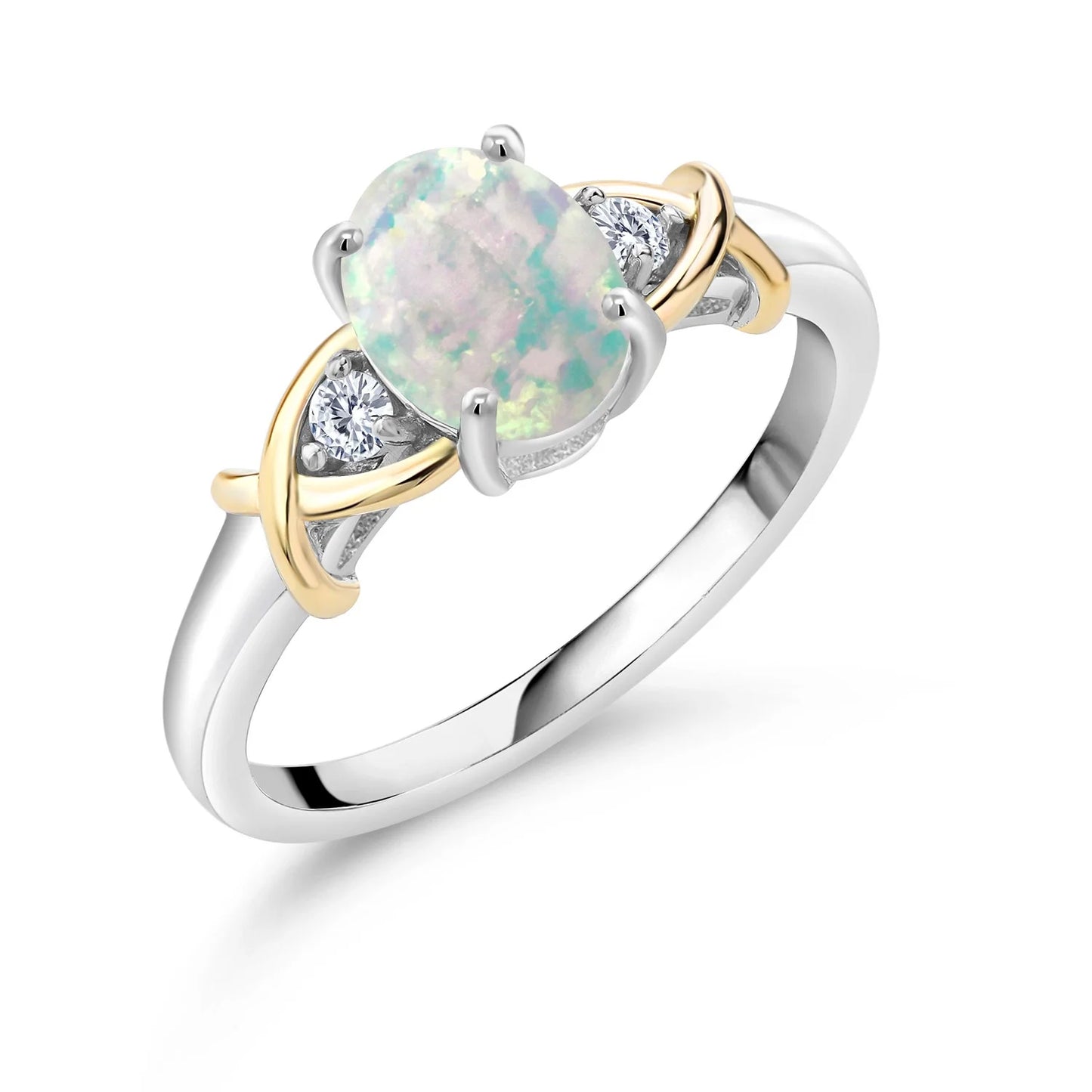 2 Tone 10K Yellow Gold and 925 Sterling Silver Oval Cabochon White Simulated Opal and Lab Grown Diamond Women Ring (1.08 Cttw, Available in Size 5,6,7,8,9)