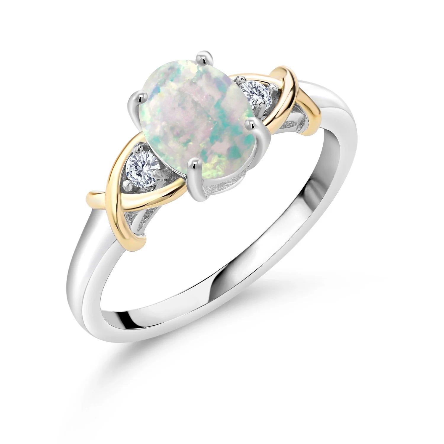 2 Tone 10K Yellow Gold and 925 Sterling Silver Oval Cabochon White Simulated Opal and Lab Grown Diamond Women Ring (1.08 Cttw, Available in Size 5,6,7,8,9)
